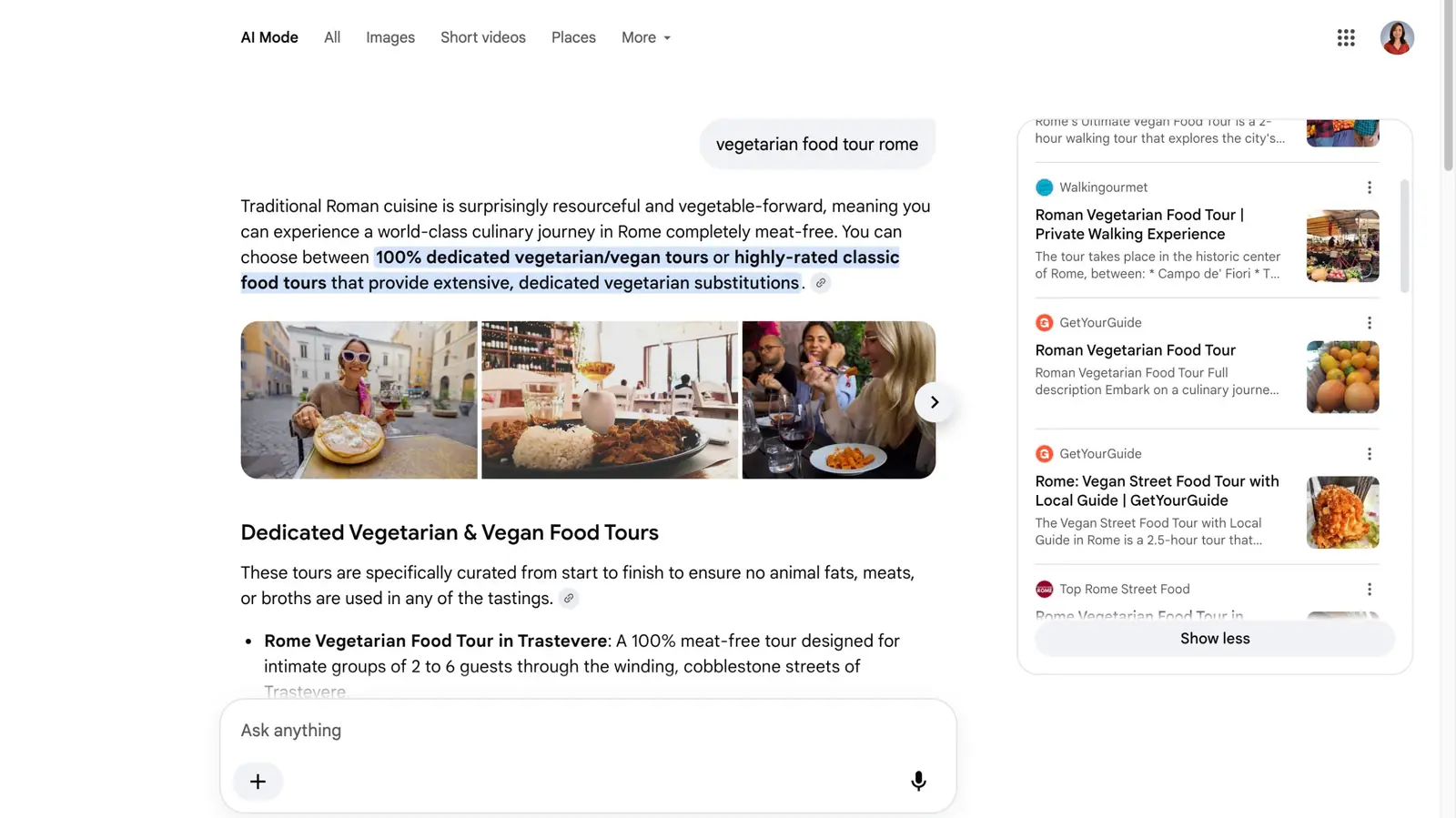 theshiva AI visibility case study: Google AI Mode citing a client tour page for "vegetarian food tour Rome"