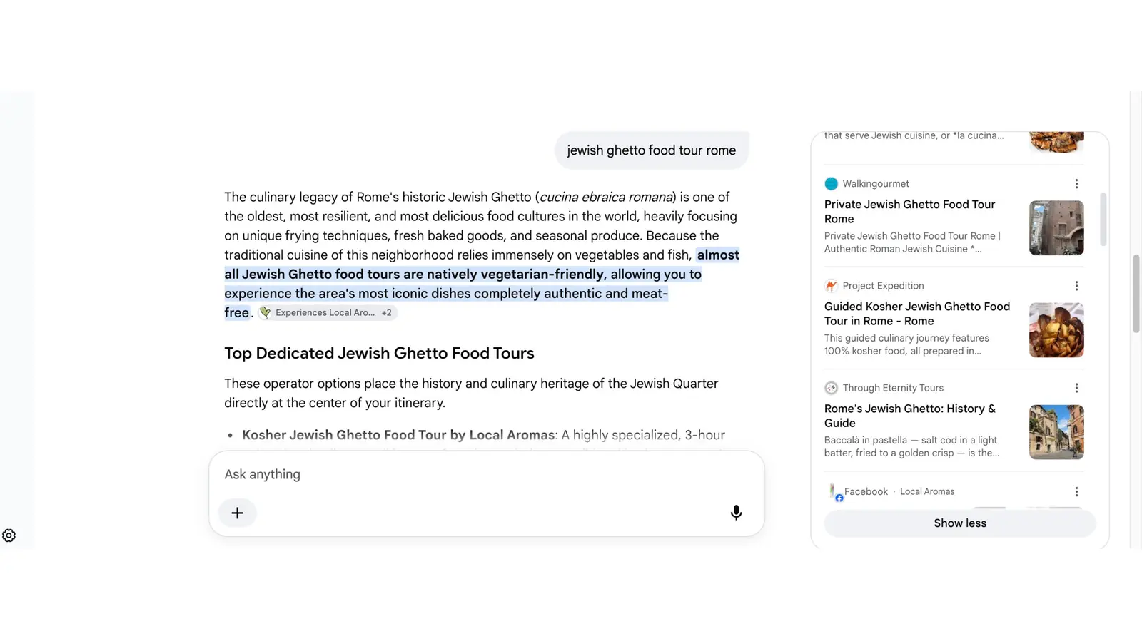 theshiva AI visibility case study: Google AI Mode citing a client tour page for "Jewish Ghetto food tour Rome"