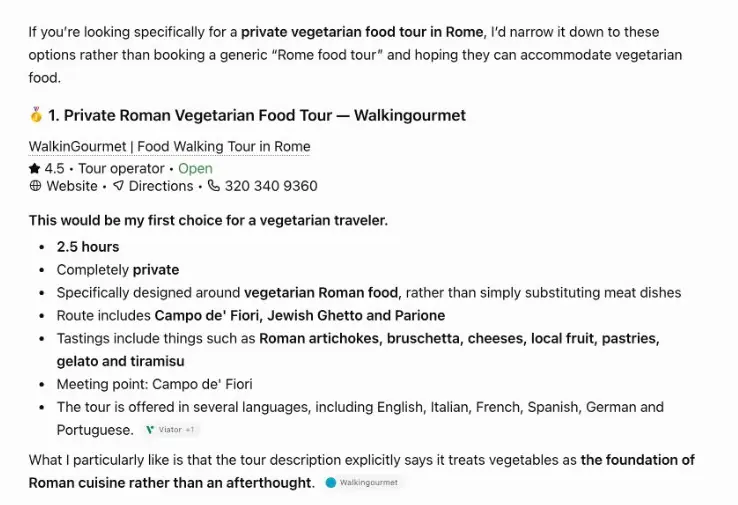 ChatGPT answering a request for a private vegetarian food tour in Rome and naming this client's tour as its first recommendation, quoting the tour page's own description back as the reason