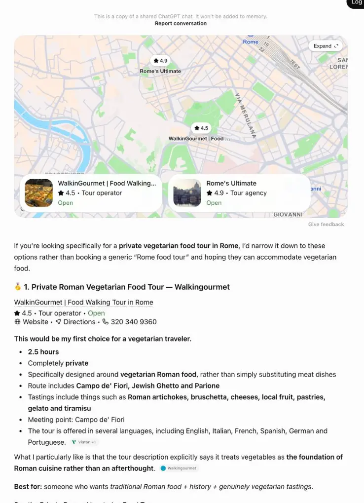 theshiva AI visibility case study: ChatGPT ranking a client tour page first — "Best overall" — in Rome, desktop view