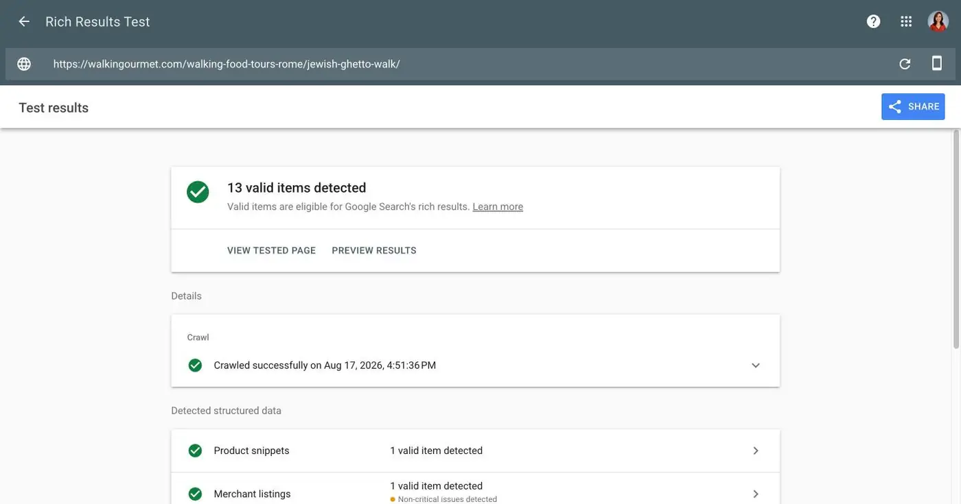 Google Rich Results Test showing valid structured data