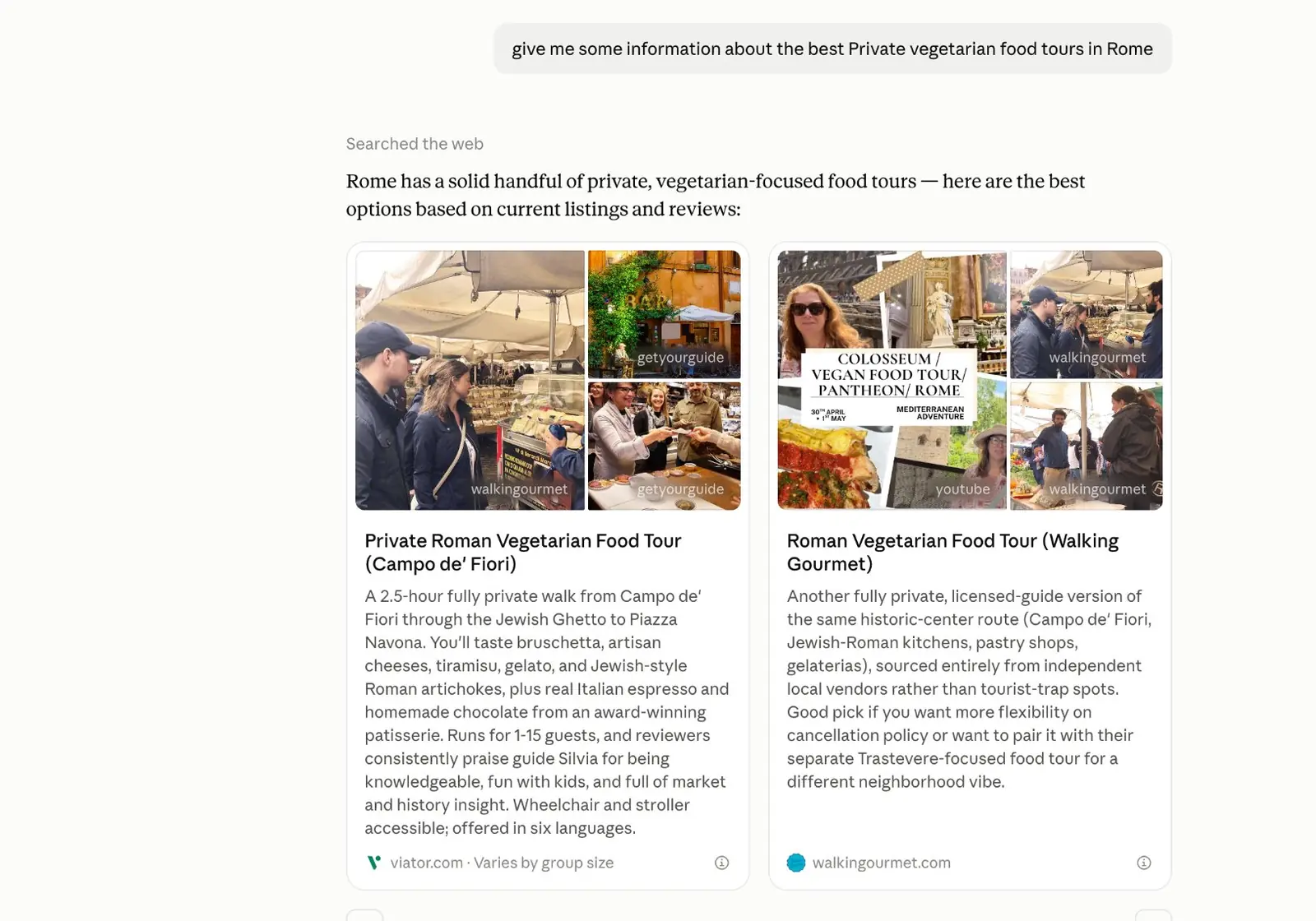 theshiva AI visibility case study: Claude citing walkingourmet.com directly as one of two recommended private vegetarian food tours in Rome
