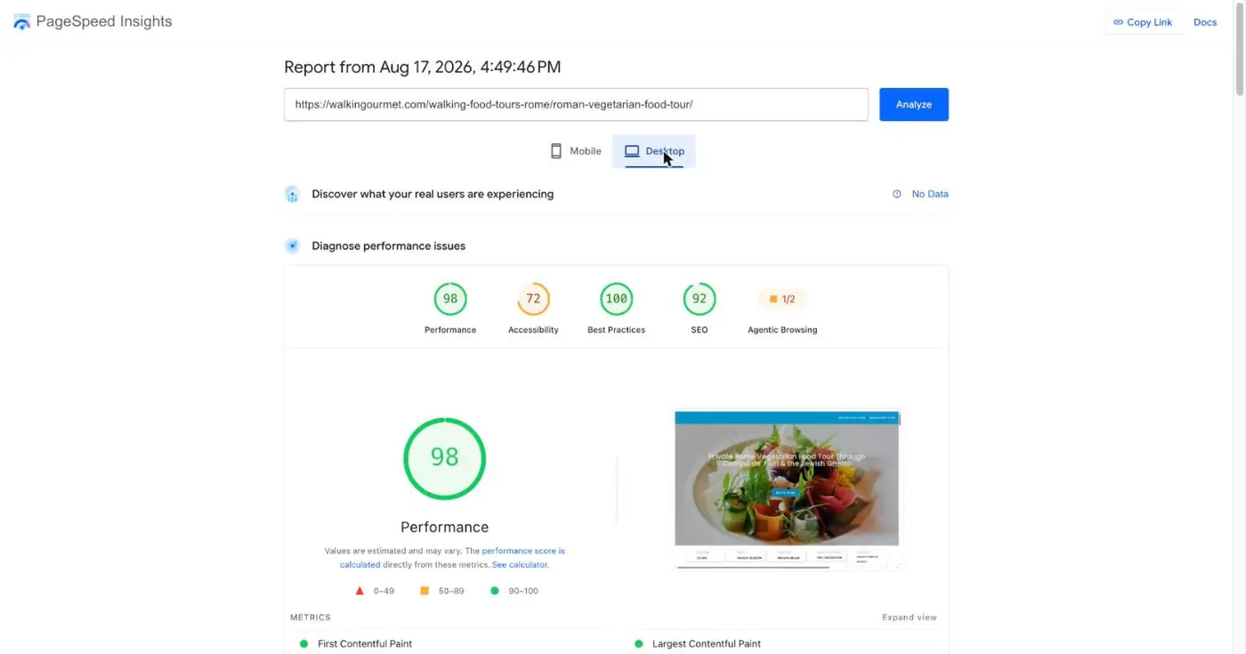 PageSpeed Insights desktop report