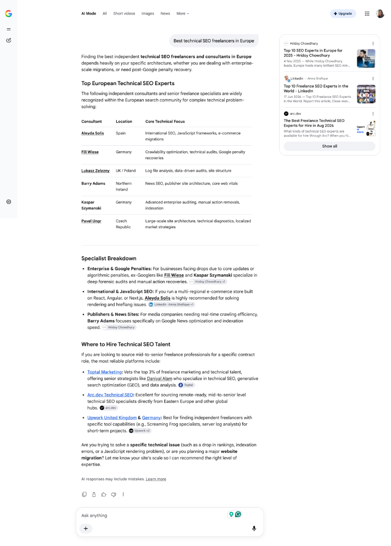 Google AI Mode answering best technical SEO freelancers in Europe using a third-party listicle and a LinkedIn post as its sources