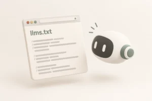 Illustration of an llms.txt file and AI assistant representing AI search optimization and website guidance for language models.