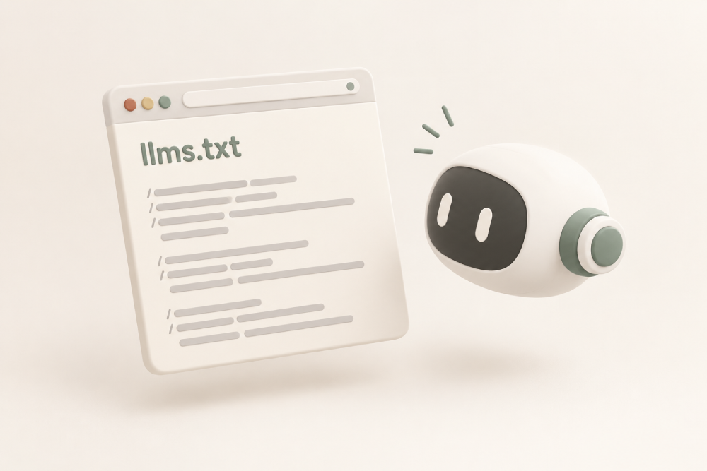 Illustration of an llms.txt file and AI assistant representing AI search optimization and website guidance for language models.