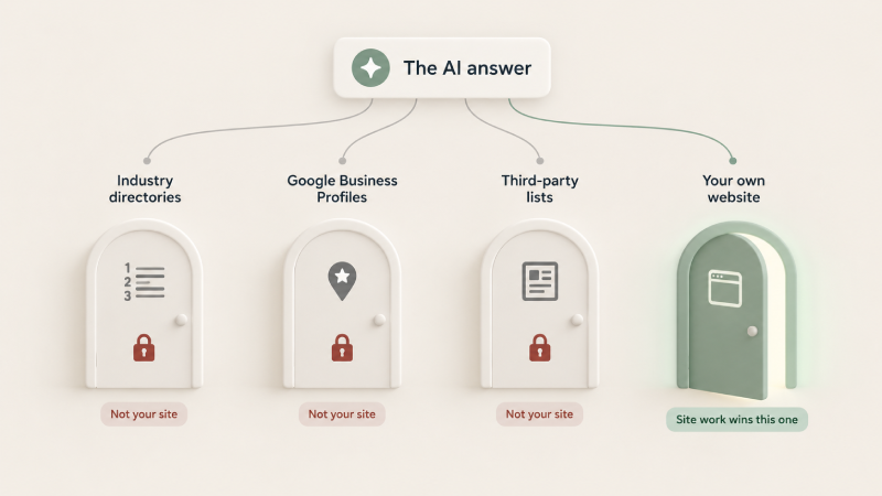 Diagram of four doors into an AI answer: industry directories, Google Business Profiles, third-party lists, and your own website, with only the last one marked as reachable by site work