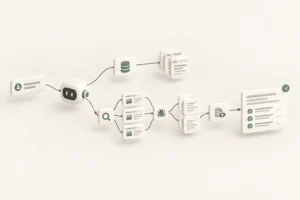 Soft 3D illustration of a question passing to an AI assistant, which either draws on a database or searches the web, where a crawler fetches pages that are read and linked as sources in a ticked answer.