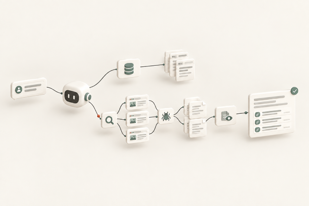 Soft 3D illustration of a question passing to an AI assistant, which either draws on a database or searches the web, where a crawler fetches pages that are read and linked as sources in a ticked answer.