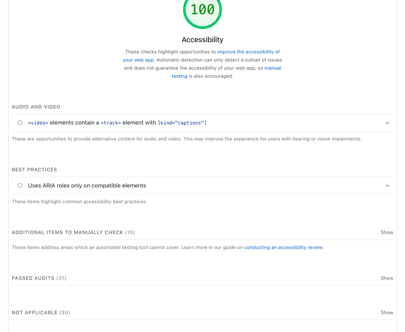 The Accessibility section of the apple.com report showing a score of 100, with “Uses ARIA roles only on compatible elements” listed under Best practices and greyed out, separate from the 31 passed audits and 30 not applicable audits.