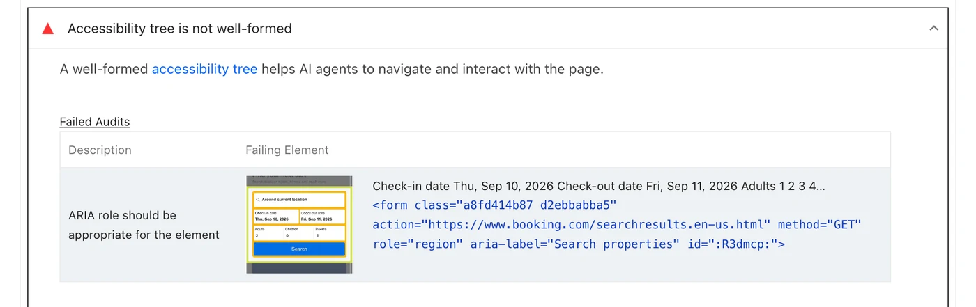 A failed audit on booking.com reading “ARIA role should be appropriate for the element”, quoting a form element carrying role equals region.
