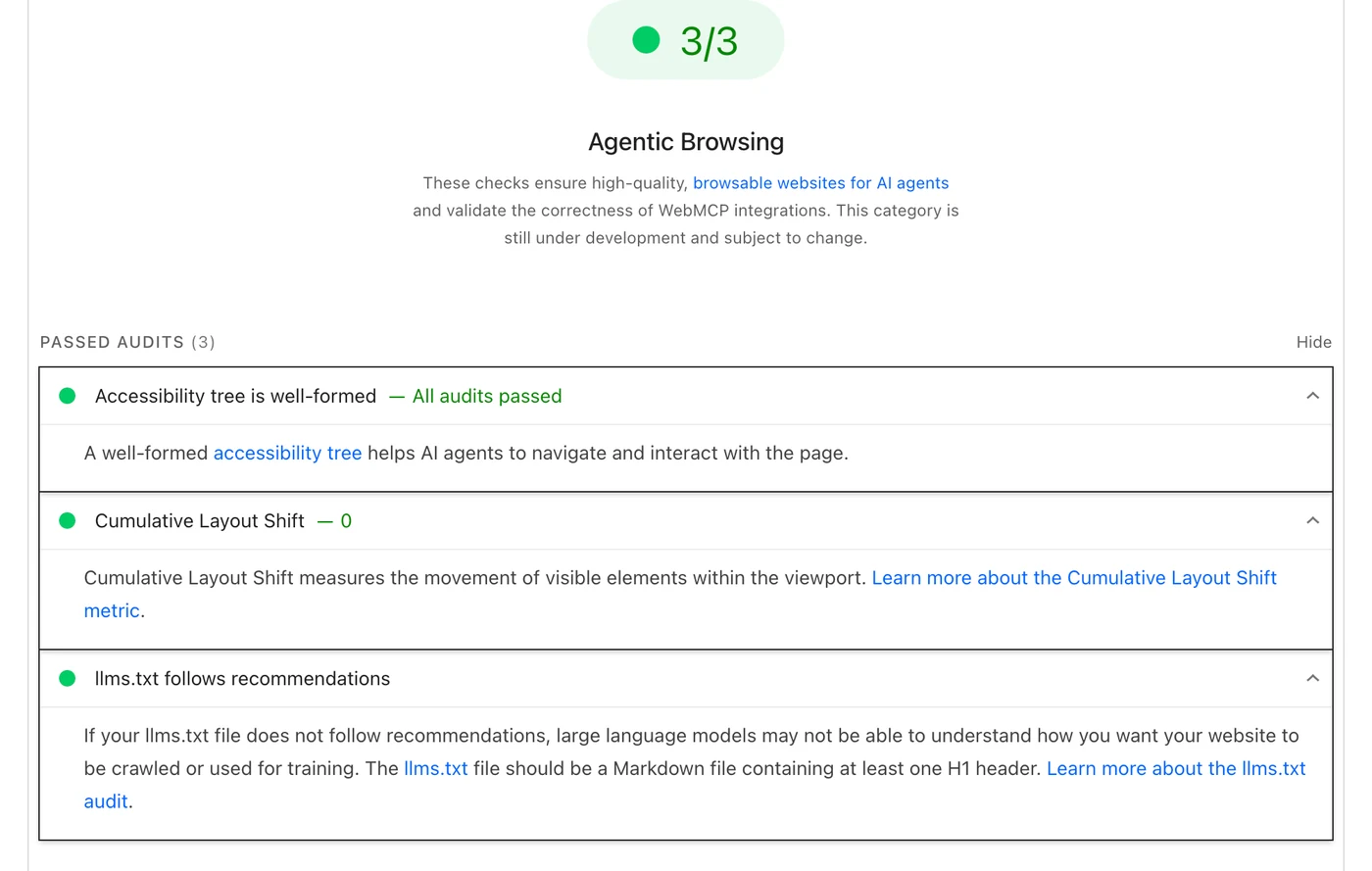 The Agentic Browsing section of the WordPress.org report showing 3 out of 3, with the accessibility tree, Cumulative Layout Shift and llms.txt audits all listed under Passed Audits.