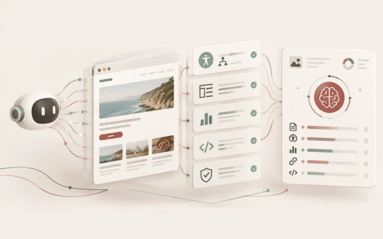 Visual representation of an AI agent analyzing a webpage's accessibility tree, layout stability, performance metrics, and SEO elements through layered audits, showing data flowing from the webpage to an intelligence processing system