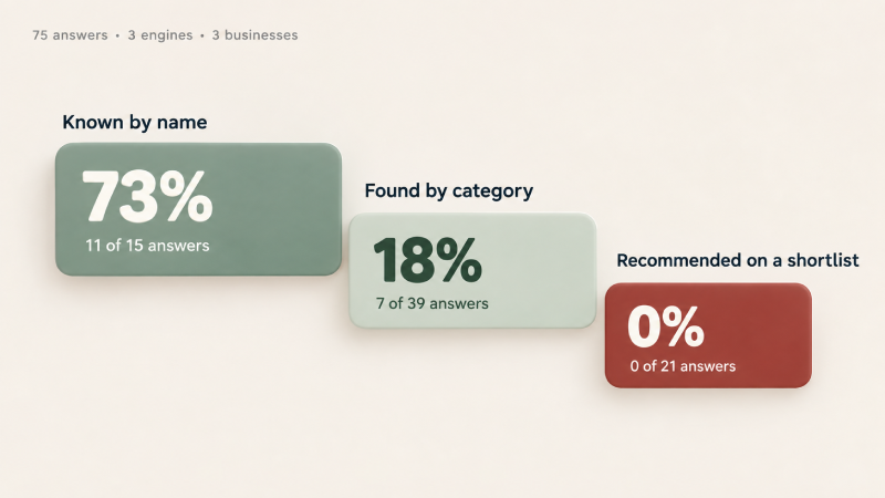 Funnel diagram showing AI visibility falling from 73 per cent on name questions to 18 per cent on category questions to zero per cent on shortlist questions