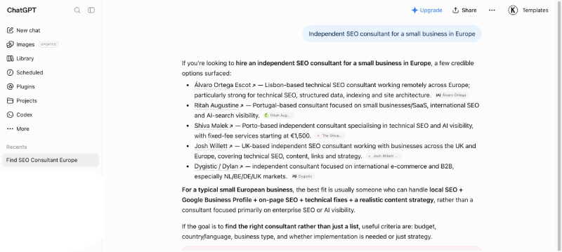 ChatGPT naming The Shiva Co. third in a list of five independent SEO consultants, citing the website and quoting the starting price correctly