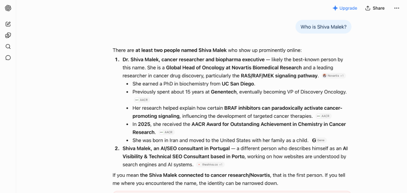 ChatGPT's answer to Who is Shiva Malek, listing a cancer researcher first and the consultant second