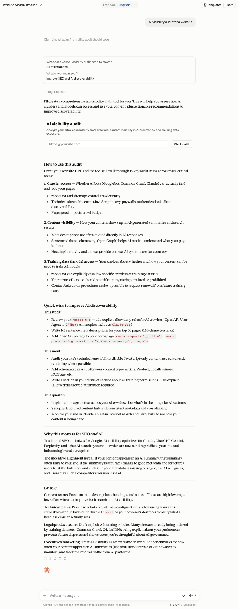 Claude responding to a request for an AI visibility audit by building its own audit tool rather than naming any consultant