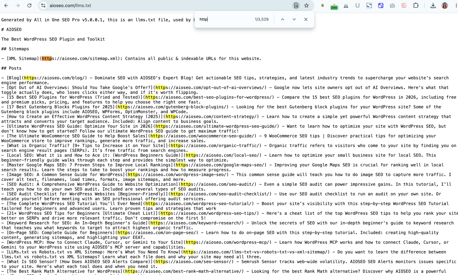 Browser find bar on aioseo.com/llms.txt reporting 3,529 matches for the text http