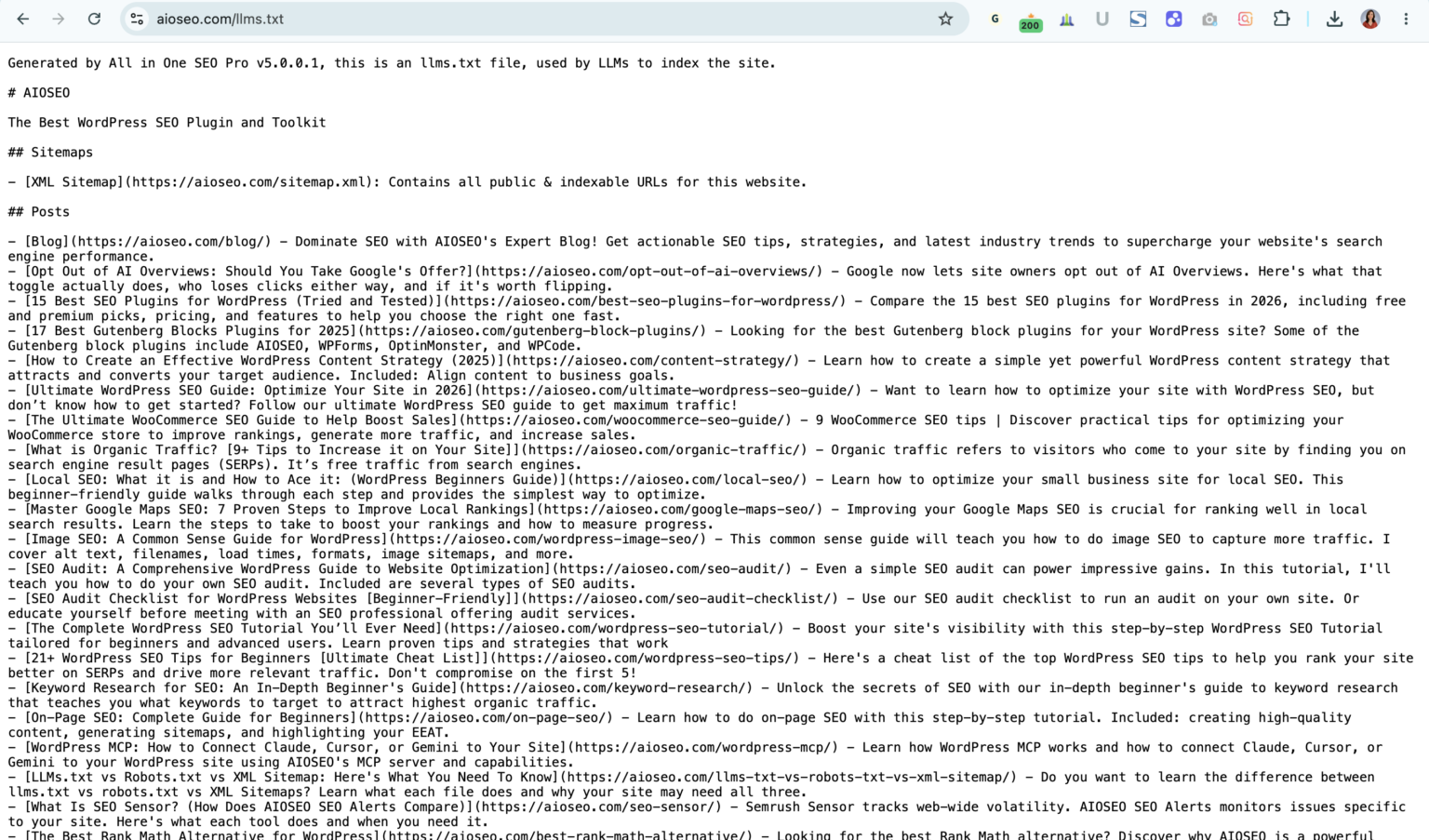 aioseo.com/llms.txt showing the All in One SEO generator line printed above the AIOSEO heading