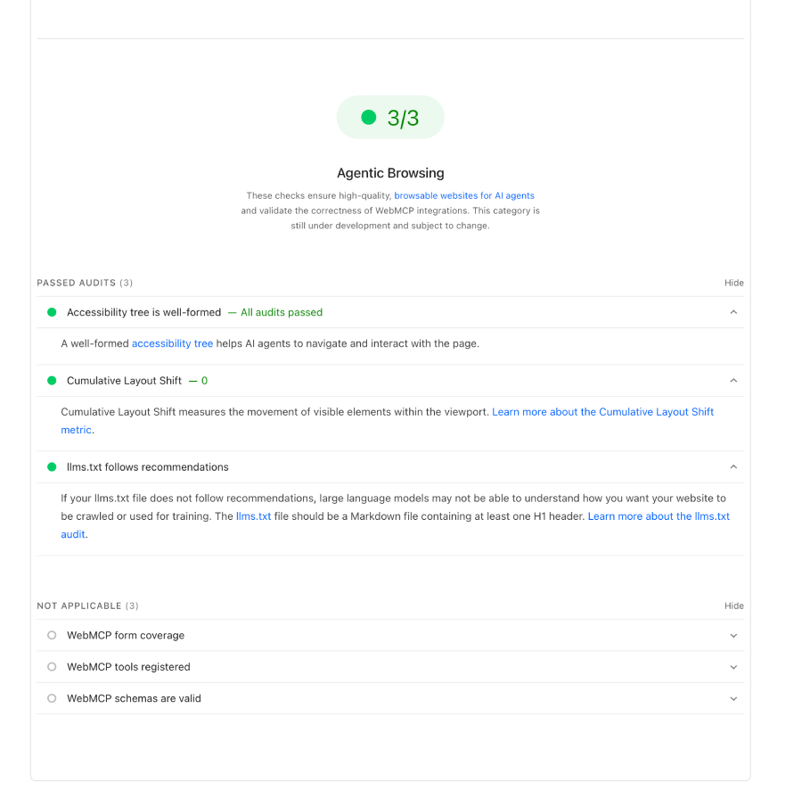 PageSpeed Insights Agentic Browsing for theshiva.co showing three of three passed with the llms.txt audit listed under passed audits