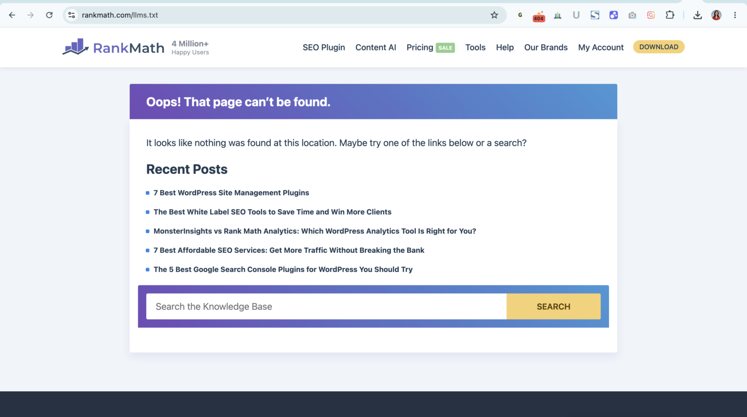 rankmath.com/llms.txt returning a page not found error, with the site header reading 4 Million Plus Happy Users