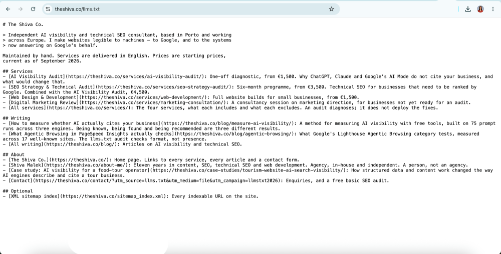 theshiva.co/llms.txt after the rewrite, with four sections and a description after every entry