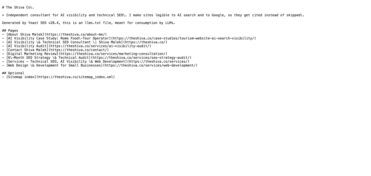 theshiva.co/llms.txt in manual mode, showing nine page titles as bare links with no descriptions and no blog posts