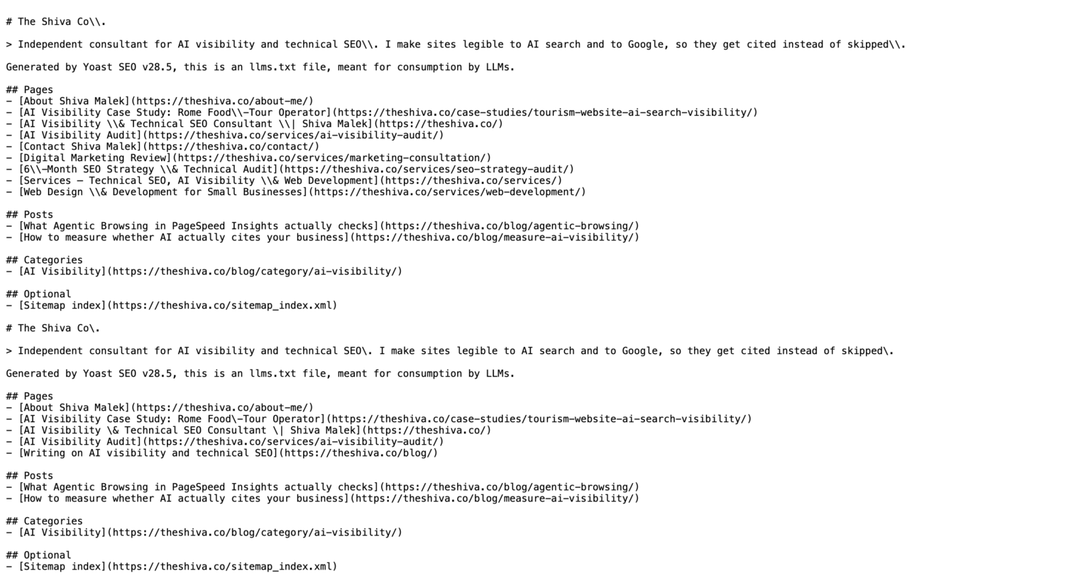 theshiva.co/llms.txt in Yoast automatic mode, showing Pages, Posts, Categories and Optional sections with no descriptions