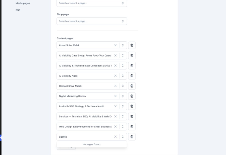 Yoast SEO llms.txt settings with manual page selection chosen and a search for a blog post returning no pages found